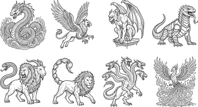Black and white line art vector set of mythical creatures including dragon, griffin, chimera, hydra, and phoenix
