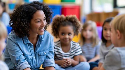 Fototapeta premium Female educator teaching a small group of kindergarten children in a colorful classroom, early childhood education, playful learning , with copy space