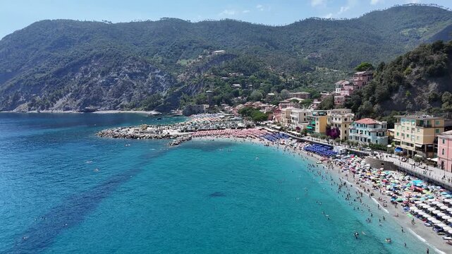 Aerial Reveal of Monterosso al Mare Beach and Turquoise Bay