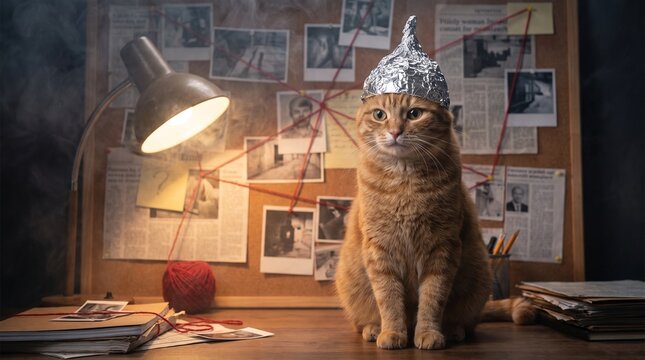 Ginger Cat Wearing a Tinfoil Hat Investigating a Conspiracy Theory Pinboard in a Dimly Lit Room
