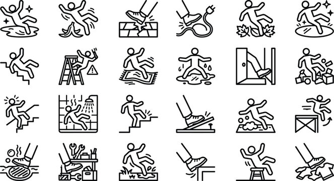 Slip Trip and Fall Accident Warning Line Icon Set Featuring Workplace Hazard Symbols, Slippery Floor Risks, Ladder Tumbles, and Industrial Safety Vector Graphics