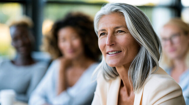 Experienced businesswoman leading a small team discussion in a bright conference room, corporate leadership, engaged professional collaboration , with copy space