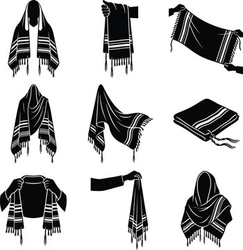 Traditional Jewish Prayer Shawls and Tallitot in Nine Vector Illustrations