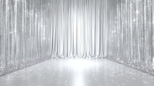 Luxury silver metallic tinsel backdrop, shimmering vertical foil lametta curtain, empty floor space. modern stage background, glittering texture. holiday campaigns, elegant event, fashion advertising