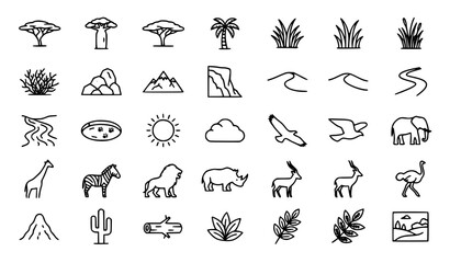 Premium savanna wildlife and nature landscape line icons set © MDSUJON
