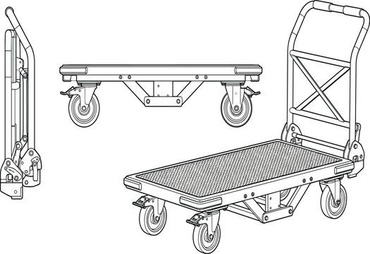 Technical flat sketch vector illustration of folding platform hand truck trolley showing different angles and folded position