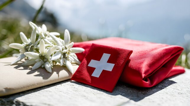 Schweizer Nationalflagge und Edelweiss mit rotem Tuch in den Alpen