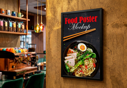 Restaurant food poster mockup hanging on textured wall interior
