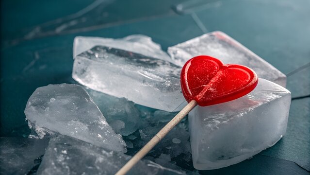 Red heart shaped lollipop placed on of several clear ice cubes on a dark blue background surface