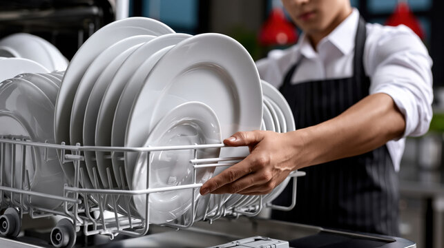 Restaurant dishwasher industrial kitchen clean plate dish rack kitchen worker stainless steel washing cycle catering food service hygiene standard appliance utensil modern preparation washing