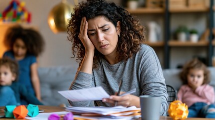 Obraz premium Mother struggles with bills while her children play nearby.