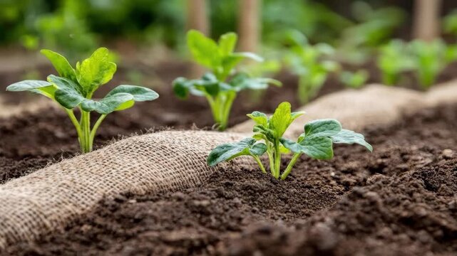 Green seedlings sprouting in rich, dark soil in a garden setting.