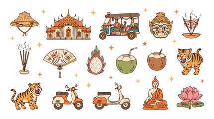 A vibrant collection of traditional Thai cultural symbols and iconic imagery for travel and lifestyle themes © Amirul