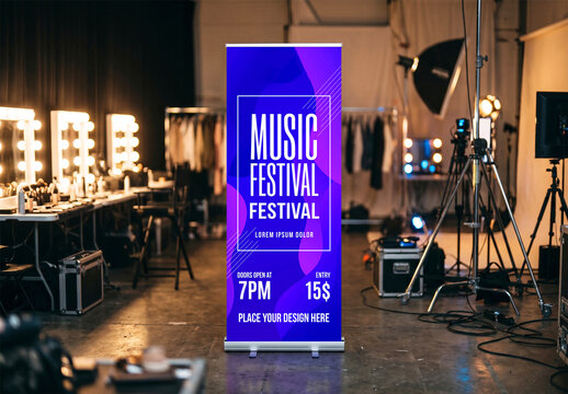 Roll Up Banner Mockup in Music Studio Backstage