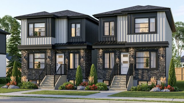 Modern duplex homes showcase contemporary architectural design with stone and vertical siding.