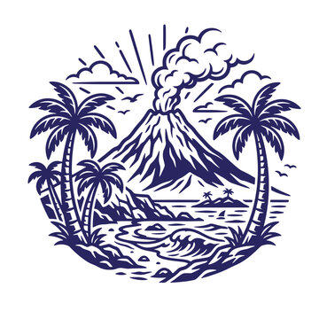 A circular navy blue of an erupting volcano with smoke, palm trees, ocean waves, and a small island, t-shirt poster isolated on a white background, tropical island landscape theme