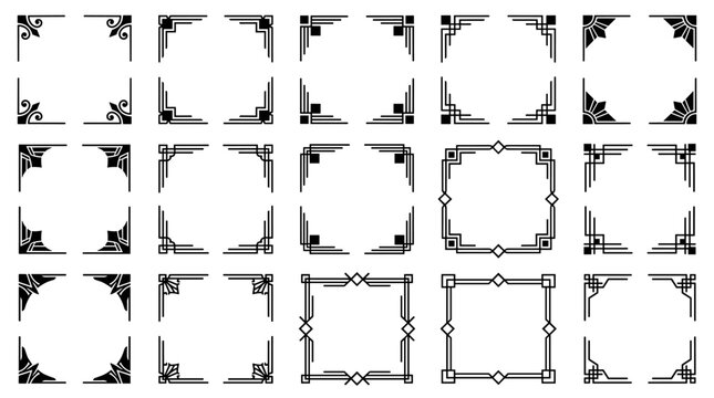 Set of decorative square corner frames and borders with geometric line patterns, elegant vintage elements for invitation layout, certificate framing