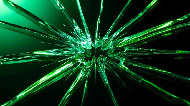 Vibrant green light pulses through shattered glass