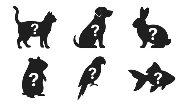 Six silhouettes of common domestic pets with question marks inside, representing choice or unknown pet, isolated on a black background