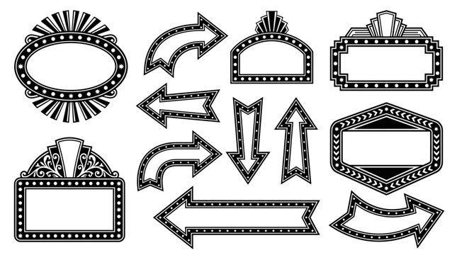 Set of vintage marquee frames and arrows with glowing bulb style, retro theater signage elements, ornamental borders, classic stage lighting design