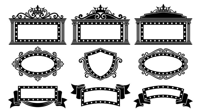 Set of vintage marquee frames with ornate decorative borders, collection of theatrical glowing signage, classic cinema signage, elegant invitation