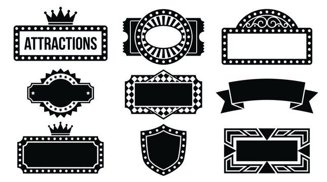 Collection of vintage marquee frames with light bulbs and ornate borders, theater signage, entertainment show badges, cinema board patterns, retro