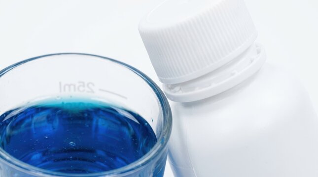 Liquid blue cough syrup or medication poured into a plastic measuring cup next to a white medicine bottle. Medical treatment concept.