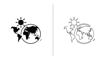World Globe Icon with Sun and Planet Earth Map, Depicting Global Concepts and Environmental Themes © Lamieya2