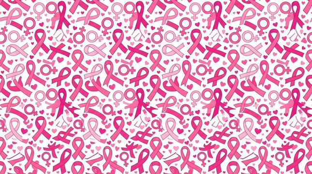 Breast cancer awareness month october seamless pattern pink ribbons female symbols for support hope