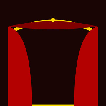 Empty theater stage with golden arch frame and red velvet curtains. Dramatic proscenium mockup for performances and events.