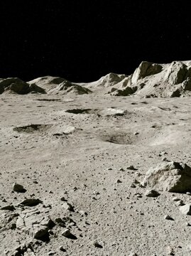 Desolate lunar surface under dark, star-filled sky