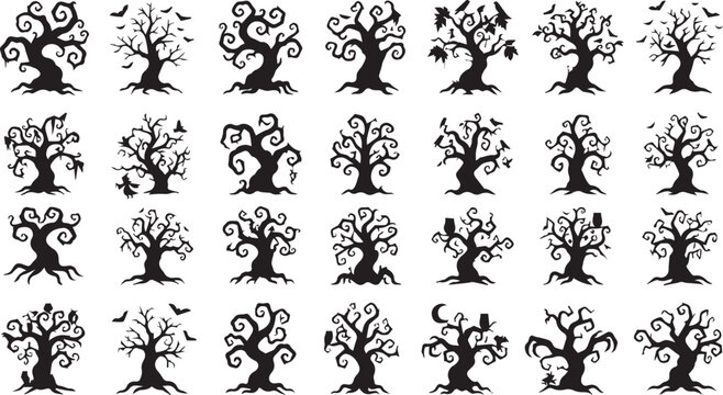 Spooky Halloween dead tree silhouette vector collection, scary bare trees icons set on white background