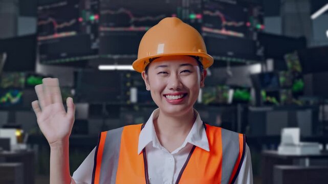 Close Up Of Asian Female Engineer With Safety Helmet Smiling To Camera And Waving Hand Saying Bye While Standing at Financial Trading Control Room