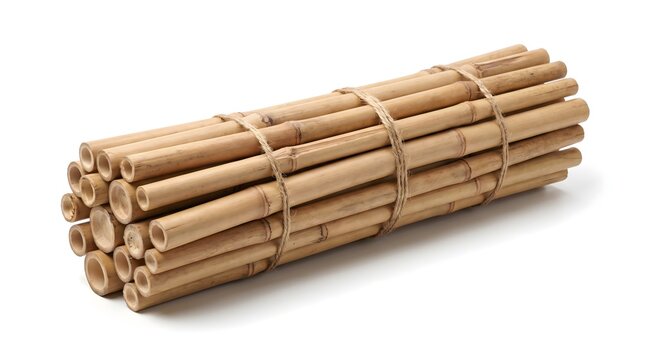 A bundle of natural dry yellow bamboo sticks tied together with a rustic hemp rope, isolated on a white background. Great for eco-friendly products and tropical construction concepts.