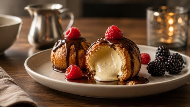 Golden cream puff filled with vanilla cream, topped with chocolate sauce and fresh berries in cozy restaurant setting