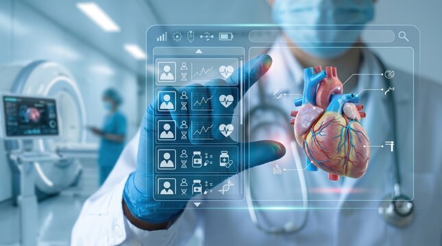 Cardiologist examining virtual heart anatomy on futuristic interface, cardiovascular health and medical diagnosis technology concept.