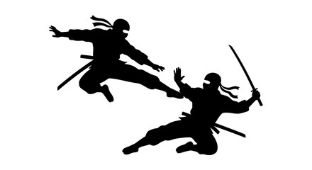 Fototapeta premium Two ninja warriors in dynamic combat pose black silhouette