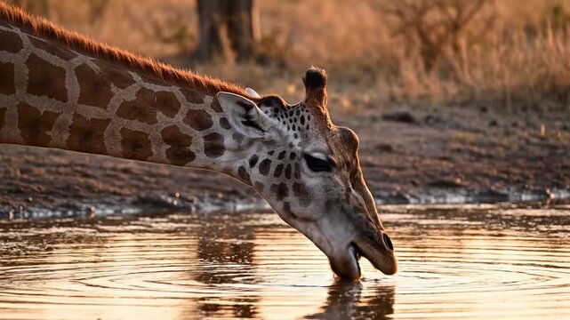 A tall African giraffe bows its long neck down to drink refreshing water from a natural pond under the warm glow of the evening sun during a peaceful safari adventure in the vast wilderness area
