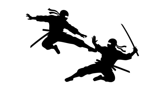 Two ninja warriors in dynamic combat pose black silhouette