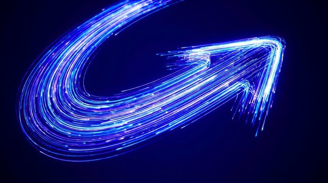 Vibrant blue light trails form a dynamic arrow