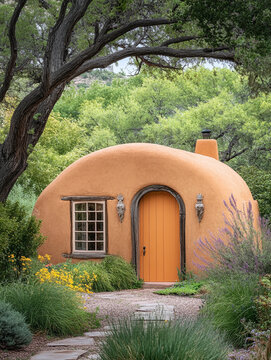 Charming adobe home entrance with wooden door and lanterns. Southwestern style house exterior featuring clay walls and desert landscaping.