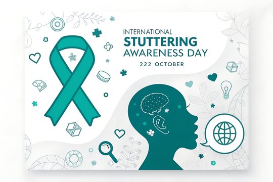 Teal awareness ribbon next to a human head silhouette featuring a brain and speech bubble graphic design element for international stuttering awareness day celebration on twenty second of October annu