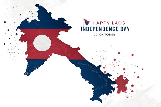 Detailed map of Laos filled with the national flag colors featuring artistic ink splatters and decorative star elements to celebrate the patriotic spirit of the twenty second of October holiday.
