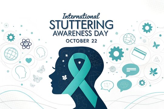 International stuttering awareness day illustration featuring a dark blue human profile silhouette adorned with a bright teal ribbon and various abstract circular icons scattered across a clean white 