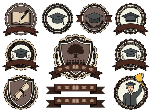 Vintage academic graduation emblems and school badges featuring mortarboards, diplomas, and educational insignias for certificates and awards.