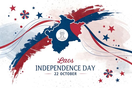 Artistic map of Laos featuring national colors with bold brush strokes and decorative stars designed for the annual celebration of independence day on the twenty second of October every year