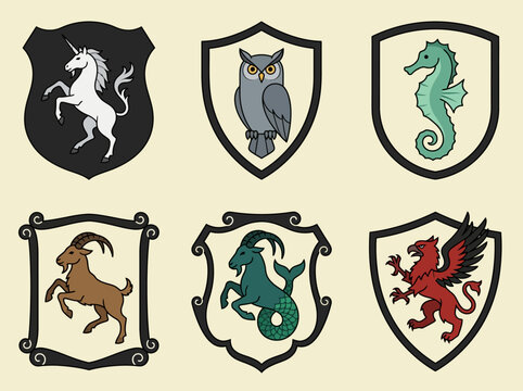 Medieval Heraldic Shields Set with Mythical Creatures and Animals