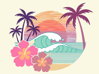 Retro Tropical Beach Illustration with Hibiscus Flowers, Palm Trees, and Ocean Waves © taufiq