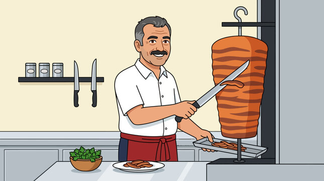 Chef Slicing Doner Kebab on Vertical Rotisserie Illustration