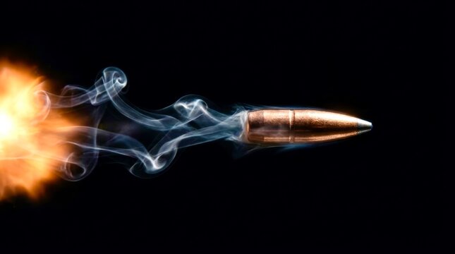 Bullet streaks through smoke against a black void